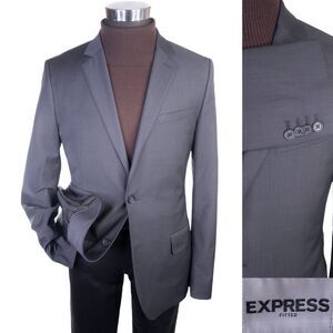 Express Blazer Jacket Mens 40L Gray Plaid FITTED Wool Two Buttons Sport Coat
